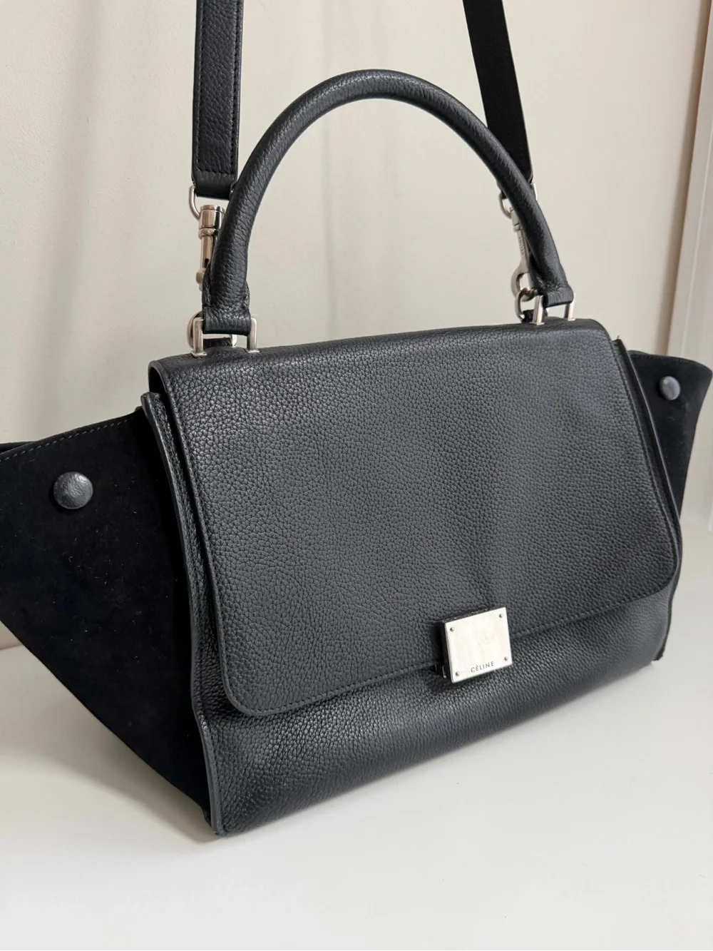 Authentic CELINE Small Trapeze Black Leather Suede Handbag